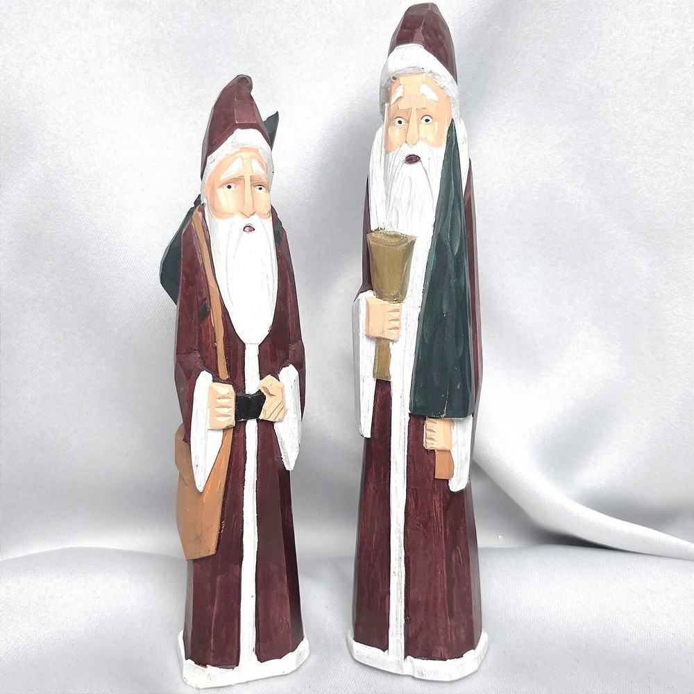Vintage 90s Hand Painted Wood Look Santa Claus Figurines Set of 2 Burgundy 9"